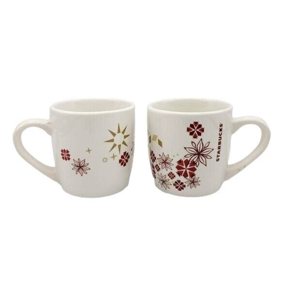 Starbucks Holiday Mugs Red Gold 11oz Snowflake Floral Poinsettia Winter Set of 2 - Picture 2 of 12